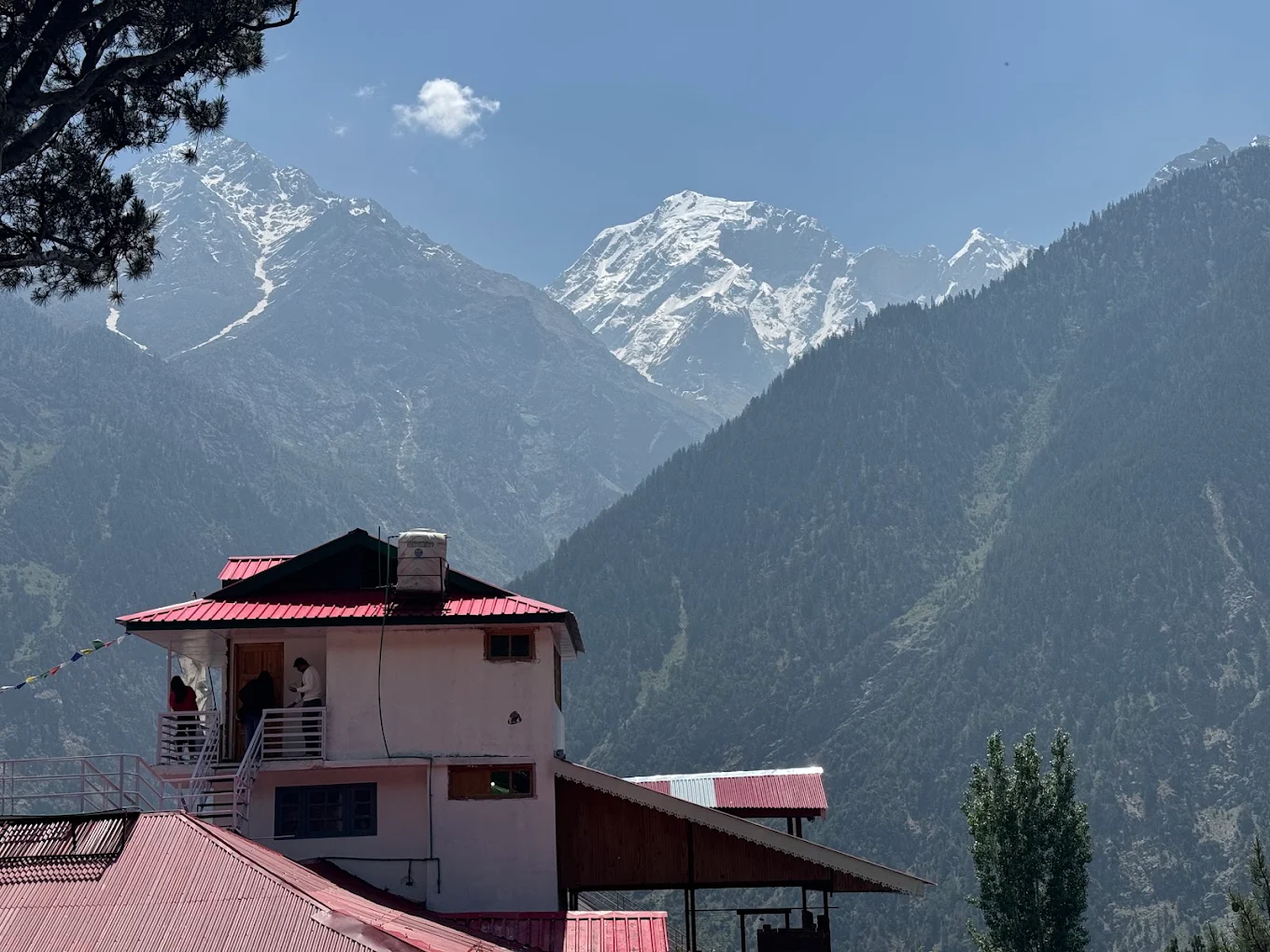 Sunrise over the Kinnaur Kailash range from the terrace of KinVatika Homestay, Kalpa